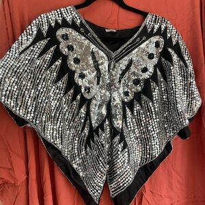 Silk & Sequin Butterfly Black and Silver Women's Top